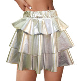 Women's Gold Metallic Tiered Mini Skirt Elastic High Waist Shiny Pu Ruffle Hem Party Skirts Dance Performance Festival Outfits