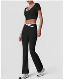 Summer Quick Drying Yoga Sets Women Black Patchwork Short Sleeve Cross Neck Sports Top High Waist Flared Pants Fitness Suits