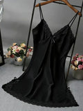 Women Satin Nightdress Lace Trim Slip Dress Sexy Spaghetti Strap Sleepwear Silky Smooth Nightgown Elegant Lingerie Home Wear