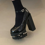 Punk Style Black Rivet Buckle High Heels Women's Trendy Gothic Sizes 36-43 Waterproof Platform Belt Buckle Thick Heel Nude Shoes