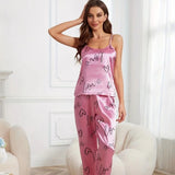 Women's Satin Floral Pajama Sets with Spaghetti Strap Tops and Long Pants Sleepwear 2 Piece Sleeveless Home Clothes Loungewear
