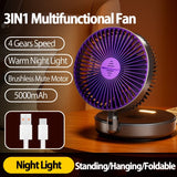 2024 New Style 5000mAh Small Portable Fan Rechargeable Wall Mounted Fan 90° Foldable Desktop Fan 4 Gears With Warm Night Light