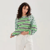 Loose Knitted Tops Women Contrast Color Stripe Floral Print Long Sleeve Pullovers Fall Winter Casual Jumpers