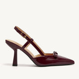 2025 Women's Size 41 Elegant Burgundy Pointy Toe Slingback Pumps Summer Bowknot High Kitten Heels Black Office Lady Shoes
