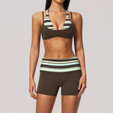 Breathable Striped Patchwork Yoga Clothing Women Fake Two-piece Sports Bra Folding High Waist Shorts Gym Running Fitness Suit