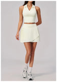 Women's Tracksuit Yoga Set 2 Pieces High Waist Pleate Pocket Skort Fitness Suit Turn Down Collar V Neck Slim Tank Top Sporstwear