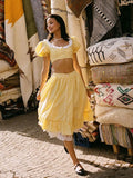 Foridol Gingham Printed Yellow Women Summer Dress Set Lace Top+skirt Sets Vintage French Style Midi Dress Oufits Plaid Vestidos