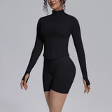 Women's Seamless Yoga Sets Sports Fitness Gym Zipper Long-Sleeve Jacket Hip Lift High-Waist Shorts Suits Workout Training Sets