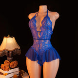 Sexy Crotchless White Underwear Women Lace Hollow Bra Set Erotic Costume Teddy Baby Doll Dress Deep V Open Bra Porn Lingerie Set