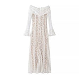 Off Shoulder White Lace Party Dress Flare Sleeve Bowknot Party Maxi Dress Sexy Elegant Summer Bodycon Vestidos Embroidery Robe