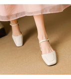 Plus Size 34-41 Women's Sheepskin Narrow Band T-strap Square Toe Summer Sandals 3.5cm Thick Low Heel Elegant Ladies Dress Shoes