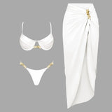 3Pc Push Up Bikini With Cover Up Women Sexy Swimsuit Female Swimwear Bandeau Biquini Shiny Button Bathingsuit Bodysuit Beachwear