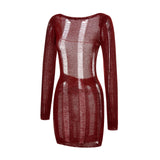 Women Autumn Ripped Knit Dress Long Sleeve Backless Bodycon Mini Dress Summer Fall Club Sexy E-Girl Dresses Female