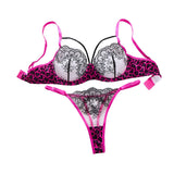 Hot Pink Leopard Print Floral Lace Lingerie Set Underwire Bra With Matching Thong Women Sexy Intimates ZA825120