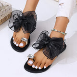 Fashion Mesh Bowknot Flat Heel Sandals Women Rhinestone Decor Clip Toe Beach Slippers Woman Plus Size 42 Backless Sandals Female