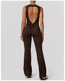 Sexy Brown Leopard Print Yoga Jumpsuit Women Hollow Out Backless Sleeveless Slim Gym Running One Piece Flare Pants Sports Suit
