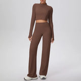 2 Pcs Women's Seamless Yoga Set Long-sleeved Wide-leg Pants Tracksuit Fitness Sports Set High-waisted Hip-lifting Slim-fit Suit