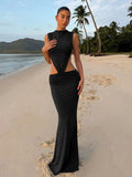FDYOUI Elegant Sexy Sleeveless Backless Long Holiday Beach Dress Women Chic Hollow Out Solid Long Maxi Evening Party Dresses