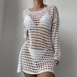 Womens Beach Cover Up Knit Solid Color Long Sleeve Dress Sexy Slim-Fit Beachwear Cover Up Beach Holiday Sun Protection Clothing