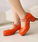 Pearl Beaded High Heels Shoes Ladies Wedding Mary Janes Block Heeled Pumps Woman Hook&Loop Tacones Wedges Escarpins Femme
