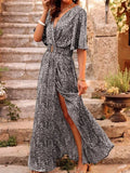 Spring Summer Printed Dress Short Sleeved Deep V-neck Slimming Waist Long Dresses Temperament Slit Dresses Vestidos Para Mujer