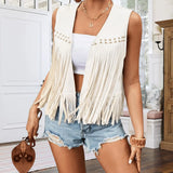 Suede Tassel Vest Women's 70s Hippie Outfit Sleeveless Open Front Vest Western Jacket