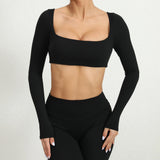 Women Crop Tops Yoga T-shirts Solid Sports Top Long Sleeve Running Shirts Quick Dry Fitness Gym Sport Gymwear