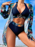 Halter Print Bikini 2026 Women Swimsuit With Kimono High Waist Swimwear Female Bathers Bathing Swimming Swim Suit Beachwear