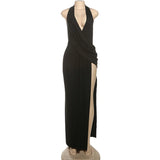 Temperament Halter Neck Party Dresses Women Sexy Deep V-neck Backless Package Hip Slit Dress Hot Girls Club Banquet Vestidos