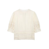 Women's Fashion Lace Romantic Style Shirt Women White Lace Trim Puff Sleeve Neck Button Front Casual Shirt For Daily Wear RJWE