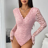 Sexy White Lace Bodysuit Women Solid Color Long Sleeve Sheer Corset Top Autumn Ruffles V Neck See Thourgh Slim Fit Jumpsuit
