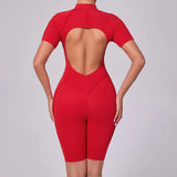 Summer Zipper Short Sleeve Yoga Jumpsuit Women Outerwear Sports Fitness Hip-lifting Backless One-piece Workout Gym Tracksutis