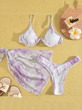 Marble Print V-Bar Underwired Bikini Women Swimsuit Female Swimwear Three-pieces Bikini Set Push Up Bathing Suit Beach Sarong