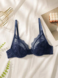 Women's New Product Blue Bra No Steel Ring Lace Lingerie Sexy Breathable Comfortable Solid Color Deep V-Underwear HR2635