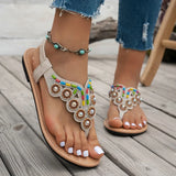 Bohemian String Bead Flat Sandals Women 2025 Summer Crystal Decor Clip Toe Beach Sandles Woman Plus Size Non Slip Sandalias 43