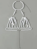 Luxury Pearls Chain Halter Hollow Out See Through Bikini Top Female Swimsuit Women Swimwear Bather Bathing Suit Swim Beach Top