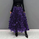 Women Summer Maxi Skirt Retro A-Line Large Hem Skirt Solid Color 3D Dot Decor High Waist Long Skirt