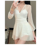 Swimsuit Women's Summer New One-piece Skirt Style Slimming Lace Long Sleeved Small Chest Steel Support Hot Spring Swimsuit
