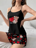 Summer Cute Bear+Heart Print 2pcs Pajamas Set Women Homewear Camisoles Tops and Shorts Underwear Sexy Lingerie Sleepwear