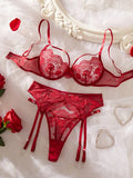 Red French Lace Embroidery Bra Set with Garter Belt Three-Piece Ensemble Sexy Underwear for Women