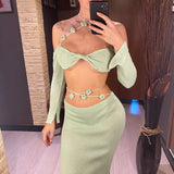 Sexy Knitted Sling Long Skirts Woman's Set Casual Slim Solid Lace Up Tube Tops Slit Skirt Sets Female Summer Beach Dress V6187
