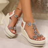 Rhinestone Flowers Wedges Sandals Women 2026 Luxury Crystals Chunky Platform Sandles Woman Clear Pvc Super High Heel Party Shoes