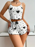 Black Heart Print Pajama Set for Women Undewear Sleepwear Casual Round Neck Backless Crop Top and Shorts Set Loungewear