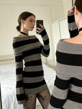 Women Autumn Dress Striped Boat-Neck Long Sleeve Bodycon Short Dress Y2K Gothic Wrapped Hip Party Dresses