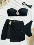With Skirt Wrinkled Bandeau Bikini Female Swimsuit Women Swimwear Three-pieces Bikini Set Metal Ring Bathing Suit Swim Beachwear