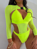 Neon Long Sleeve High Cut Out Women Swimwear One Piece Swimsuit Female Mesh Monokini Bather Bathing Suit Swim Lady Beachwear