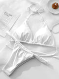 PU Pleated Ruched Bikinis Mini Micro Thong Bikini Women Swimwear Female Swimsuit Two-pieces Bikini Set Halter Bathing Suit Swim