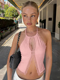 FDYOUO Sexy Halter Lace Patchwork Camisoles Women Fashion Backless Hollow Out Corset Pink White Bandage Tanks Top Y2K Streetwear