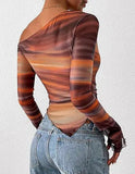 Women's Off-Shoulder Ruffled Sleeve Long-Sleeve Top with Asymmetrical Tie-Dye Mesh Asymmetrical Pleated Floral Print T-Shirt