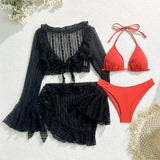 DEKA 4Pcs/Set Mesh Sheath Bikini Set Female Mini Camis Briefs Short Skirt Swimwear Fashion Drawstring Long Sleeve Boho Swimsuit